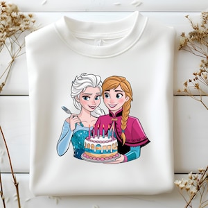 Elsa and Anna Birthday PNG, Frozen Sisters Clipart, Cute Cake Sublimation, Princess Party Design for Kids Shirts, Digital Download File