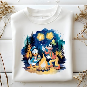 Donald Duck et Dingo anniversaire PNG, Clipart feu de camp, sublimation d'amis de dessin animé, art numérique de ballon étoile, conception de fête pour les chemises d'enfants