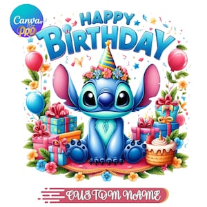 Fiesta de cumpleaños de Stitch PNG, archivo Canva con nombre editable, lindas imágenes prediseñadas de celebración floral, diseño de regalo personalizado para sublimación o impresión