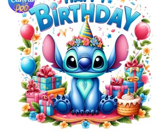 Stitch Birthday Party Png, Editable Name Canva File, Cute Floral Celebration Clipart, Personalize Gift Design for Sublimation or Print