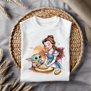 Cute Belle and Baby Yoda Baking Clipart, Watercolor Cartoon Illustration for Sublimation, T-shirt, Mug, Sticker Designs, Digital Download