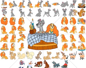 May include: A collection of 304 digital files featuring various poses of Lady and the Tramp, a classic Disney animated film. The files are available in PNG, SVG, DXF, and PDF formats.