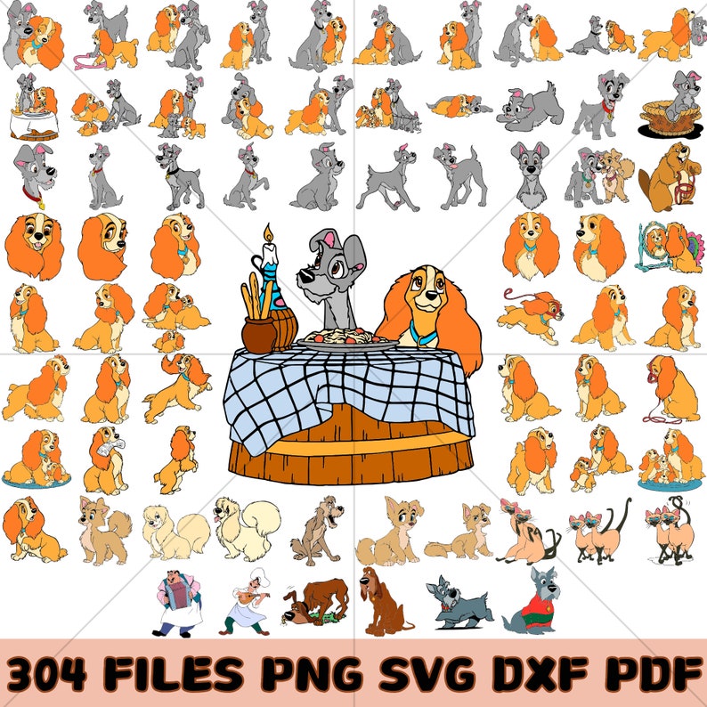 May include: A collection of 304 digital files featuring various poses of Lady and the Tramp, a classic Disney animated film. The files are available in PNG, SVG, DXF, and PDF formats.