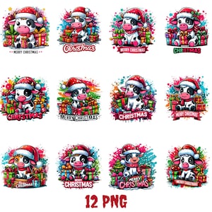 12 kersthooglandkoeien in emmer clipart, schattige koe png, schattige kerstkoeien, grappige hooglandkoe, hooglandkoe, knutselen en sublimatie
