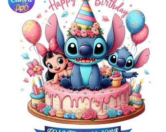 Birthday Cake Stitch Canva Png, Custom Name Editable Party Clipart, Lilo Celebration Design for Kids Sublimation, Balloons & Gifts