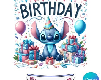 Stitch Birthday Gift Png, Editable Canva File with Custom Name, Digital Download Party Art for Kids, Colorful Printable Clipart