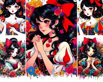 Snow White Clipart Png, Princess PNG, Seven Dwarves, Fairytale, Deer, Cottage, Birds, Hand Drawn, Cute Glitter Kids Art, Evil Queen art png
