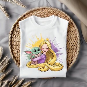 Cute Rapunzel and Baby Yoda Hug Clipart, Watercolor Cartoon PNG for Sublimation, T-shirt Design, Mug Print, Stickers, Digital Download