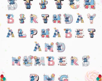 Stich Geburtstag Alphabet PNG, süße Stich Zahlen Clipart, Pastell Baby Buchstaben, Cartoon Stich Schriftart, digitale Party Buchstaben für Kinder
