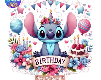 Whimsical Stitch Birthday Png, Floral Cake Party Clipart, Editable Name Design for Kids, Canva Template with Custom Text Option