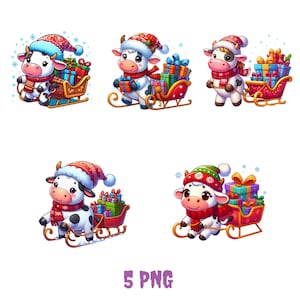 5 kerst hooglandkoeien in emmer clipart, schattige koe png, schattige kerstkoeien, grappige hooglandkoe, hooglandkoe, knutselen en sublimatie