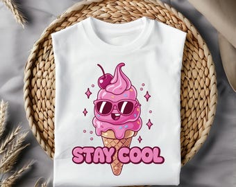 Bleiben Sie cool Eis PNG, süßes Kawaii Eis Shirt Design, Sommer Sublimation Kunst, lustiger Cartoon Dessert Digitaldruck, Sofort Download