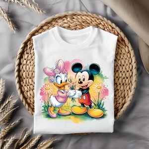 Mickey & Daisy Flower Garden PNG, Springtime Romance Clipart, Cute Cartoon Couple Digital Art, Floral Love Illustration, Instant Download