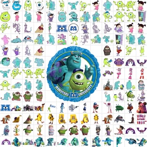 May include: A large blue and white balloon with the words "Monsters University" and a picture of Mike and Sully from the movie Monsters Inc. There are many smaller images of Mike and Sully in different poses and expressions.