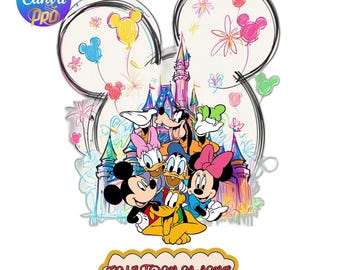 Castillo de Canva personalizable en formato PNG, diseño editable de la familia Mickey, texto de nombre personalizado, descarga digital de parque temático para sublimación e impresión.