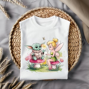 Tinker Bell und Baby Yoda Clipart, niedliches Aquarell PNG für Sublimation, T-Shirt-Design, Becher Druck, Aufkleber, digitaler Download