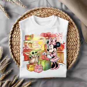 Minnie en Baby Yoda cadeau clipart, schattige cartoon afbeelding png voor sublimatie, T-shirt design, mok afdrukken, stickers, digitale download