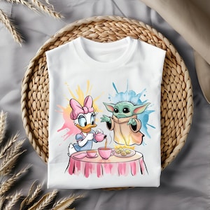 Clipart Daisy Duck en Baby Yoda Tea Party, aquarel cartoon voor sublimatie, T-shirt, mok, stickers, png-download