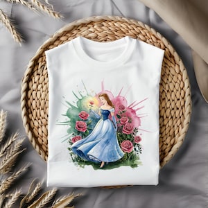 Bella con rosa, ilustración de princesa en acuarela PNG para sublimación, diseño de camisetas, impresión de tazas, descarga digital
