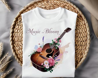 Guitarra floral PNG, diseño de camiseta Music in Bloom, clipart de guitarra acústica de acuarela, sublimación musical, descarga digital