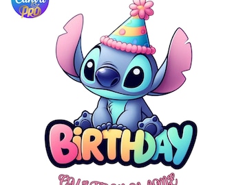 Stitch Birthday Canva Png, Custom Editable Name Design, Pastel Hat Sublimation Clipart for Kids Party Decor, Instant Digital Download