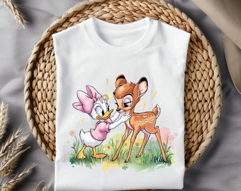 Cute Bambi and Daisy Duck Clipart PNG, Watercolor Cartoon Characters for Sublimation, T-shirt Design, Mug Print, Digital Download