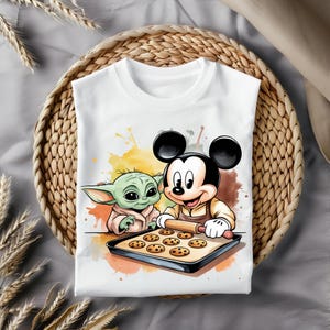 Niedliche Micky und Baby Yoda Backen Clipart, Aquarell Cartoon Illustration PNG für Sublimation, T-shirt Design, Tassen Druck, Aufkleber, Download