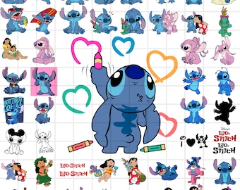 May include: A collection of digital clipart featuring Stitch from the Disney movie Lilo & Stitch. The images include Stitch in various poses, with different expressions, and with different accessories. The images are perfect for use in crafts, scrapbooking, and other creative projects.
