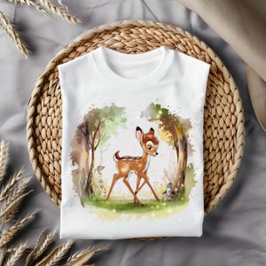 Bambi Forest Stroll Clipart, Watercolor Woodland Deer PNG, Cute Animal Illustration for Sublimation, T-shirt Design, Stickers, Png Download