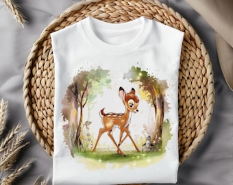 Bambi Forest Stroll Clipart, Watercolor Woodland Deer PNG, Cute Animal Illustration for Sublimation, T-shirt Design, Stickers, Png Download