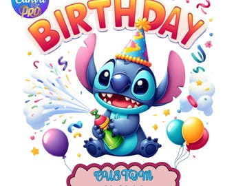 Stitch Birthday Canva PNG, Custom Name Editable Party Hat Clipart, Funny Confetti Balloon Design for Kids Sublimation Digital File