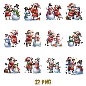 12 kersthooglandkoeien in emmer clipart, schattige koe png, schattige kerstkoeien, grappige hooglandkoe, hooglandkoe, knutselen en sublimatie