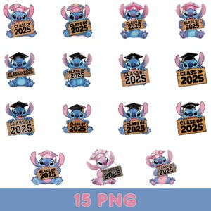 Class of 2025 Graduation PNG, Stitch Graduate Clipart, Senior Year Sublimation, Cute Blue Alien Grad Cap, 15 PNG Digital Download