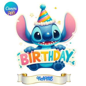 May include: A blue cartoon character wearing a party hat, holding a sign that says "BIRTHDAY" in orange, yellow, and blue letters. A banner below says "Name". The image has a white background.