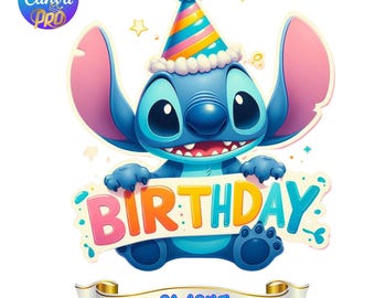 Stitch Birthday Sign Canva Png, Editable Ribbon Name Banner, Customizable Party Hat Clipart for Kids, Digital Download for Sublimation