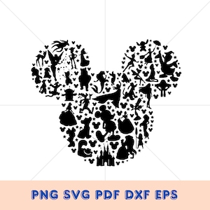 Könnte beinhalten: Schwarz-weiße Silhouette von Mickeys Kopf, die aus verschiedenen Disney-Charakteren besteht, darunter Prinzessinnen, Feen und Schurken.