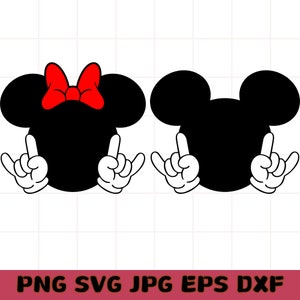 May include: Two black and white cartoon mouse heads with red bows. The mouse heads are facing forward with their hands raised in a rock and roll hand gesture.