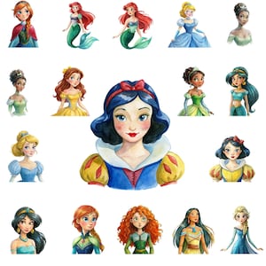 Princess Clipart PNG Bundle Sticker Sublimation Nursery Decor Snow White Moana Merida Aurora Cinderella Belle Jasmine Pocahontas Mulan Tiana