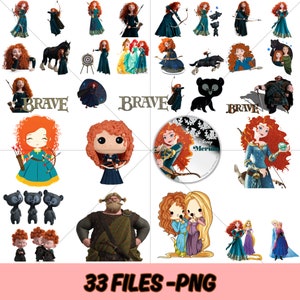 Puede incluir: Un conjunto de 33 imágenes de clipart digitales que presentan a una princesa pelirroja con arco y flecha, un oso, un hombre escocés y otros personajes de la película animada Brave. Las imágenes están en formato PNG y son perfectas para proyectos de manualidades, scrapbooking y diseño digital.