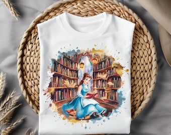 Belle Reading in Library Clipart, Watercolor Princess PNG for Sublimation, T-shirt Design, Mug Print, Digital Download