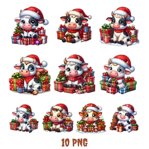 10 Christmas Highland Cows in bucket clipart, cute cow png, Cute Christmas Cows, Funny highland cow, highland cow, crafts and sublimation