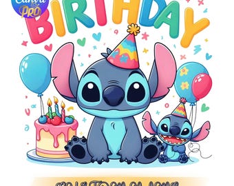 Editable Stitch Birthday Canva Png, Cute Party Hat Design, Custom Name Sublimation Clipart for Kids, Balloons Cake Digital File