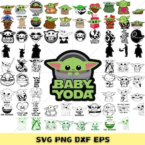 Może przedstawiać: Zbiór 40 plików do cięcia cyfrowego z Baby Yodą, znanym również jako Grogu, z serialu Star Wars The Mandalorian. Pliki zawierają różne pozy i powiedzenia, takie jak "Baby Yoda", "Baby on Board", "Yoda One for Me" i "Keep Calm and Use the Force". Pliki są w formatach SVG, PNG, DXF i EPS.