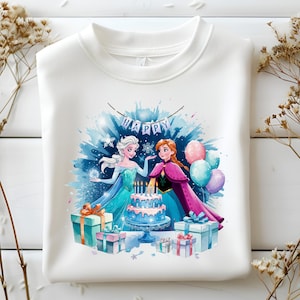Elsa and Anna Birthday PNG, Frozen Sisters Clipart, Magical Cake Design, Princess Sublimation Art for Kids Shirts