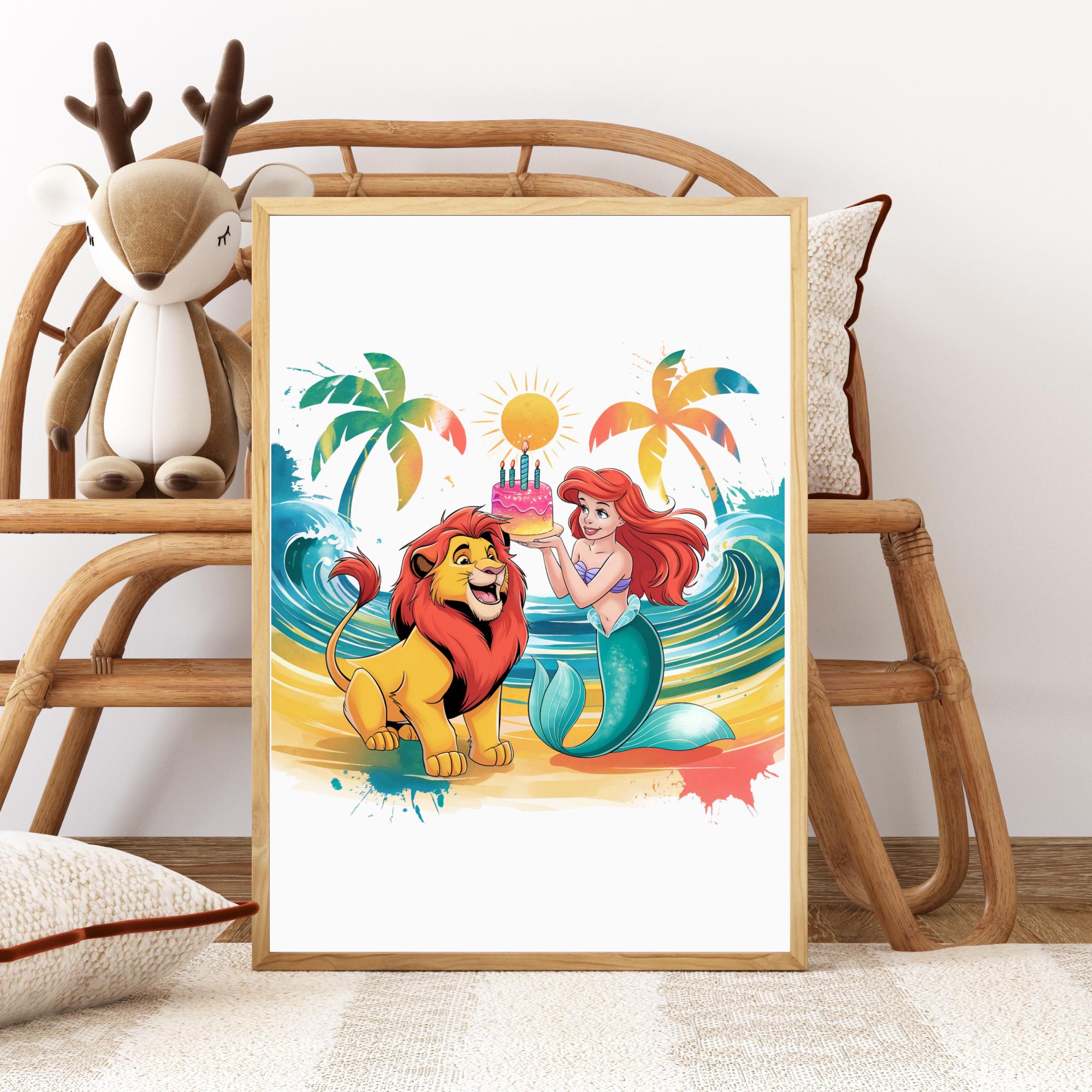 Ariel and Simba PNG Birthday Clipart, Beach Party Scene With Cake and ...