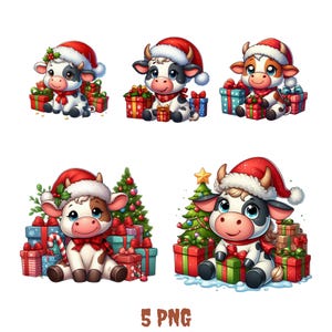 5 kerst hooglandkoeien in emmer clipart, schattige koe png, schattige kerstkoeien, grappige hooglandkoe, hooglandkoe, knutselen en sublimatie