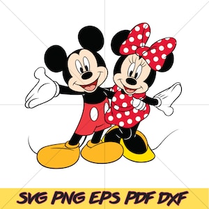 Può includere: Un'illustrazione di cartoni animati rossa e nera di Topolino e Minnie Mouse. Topolino indossa pantaloncini rossi e scarpe nere. Minnie indossa un vestito a pois rossi e bianchi e scarpe nere. Entrambi sorridono.
