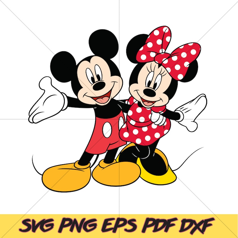 May include: A red and black cartoon illustration of Mickey Mouse and Minnie Mouse. Mickey is wearing red shorts and black shoes. Minnie is wearing a red and white polka dot dress and black shoes. They are both smiling.