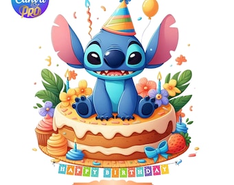 Stitch Birthday Cake Canva Png, Custom Name Editable Clipart, Cute Party Hat Sublimation File for Kids, Balloons & Cupcake Design