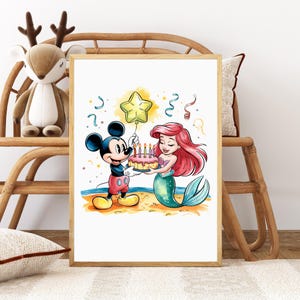 May include: A watercolor illustration of Mickey Mouse and Ariel the Mermaid celebrating a birthday with a pink cake and candles. Mickey is holding the cake and Ariel is smiling. There is a yellow star balloon in the background.